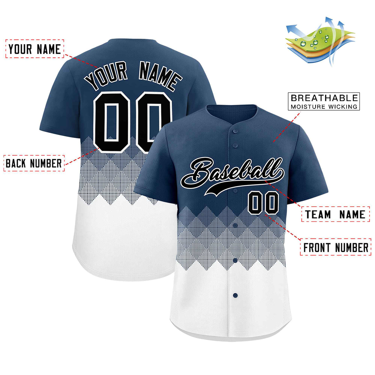 Custom Midnight Blue White Grid Blur Pattern Authentic Baseball Jersey