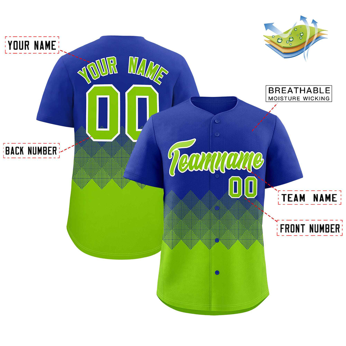 Custom Royal Neon Green Grid Blur Pattern Authentic Baseball Jersey