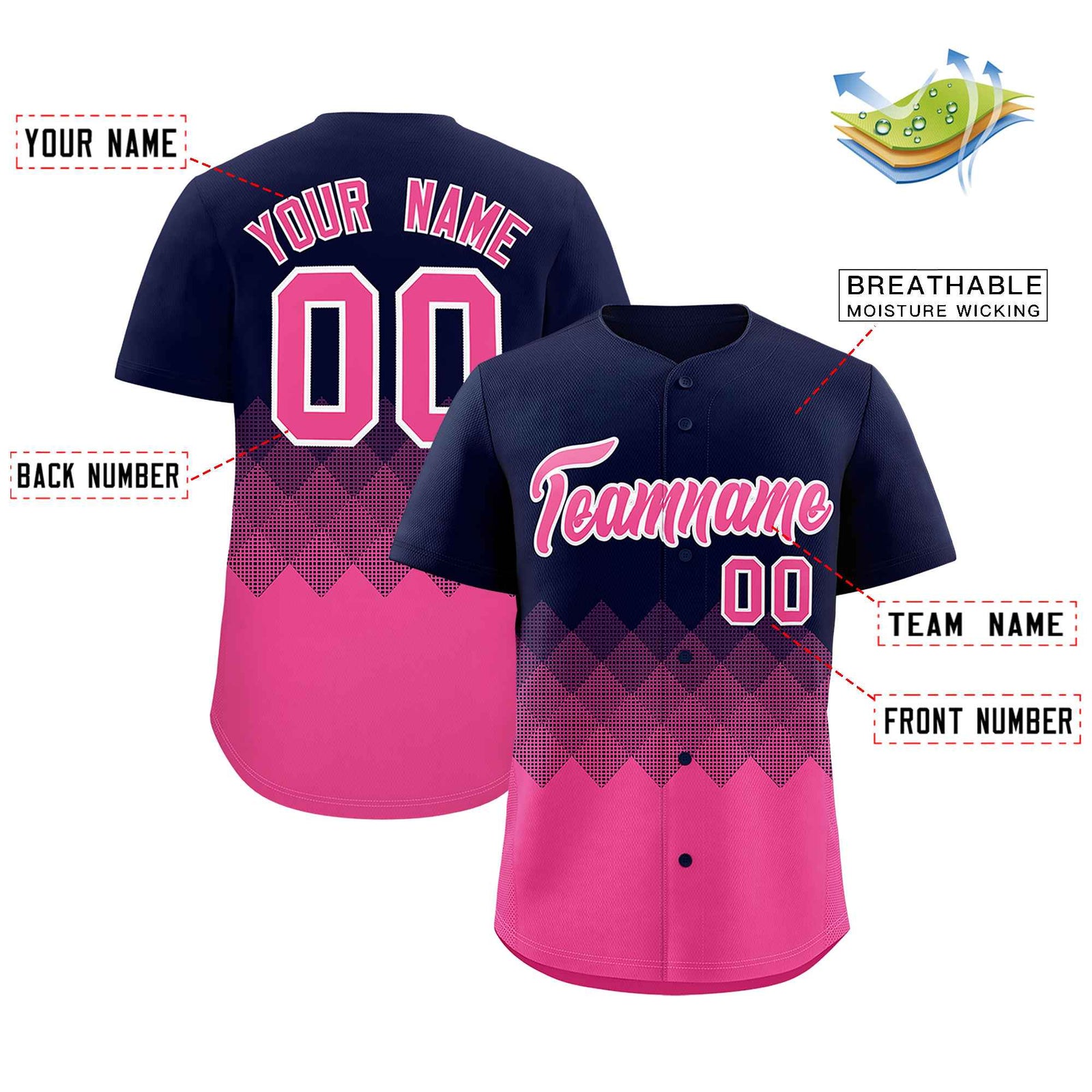 Custom Navy Pink Grid Blur Pattern Authentic Baseball Jersey