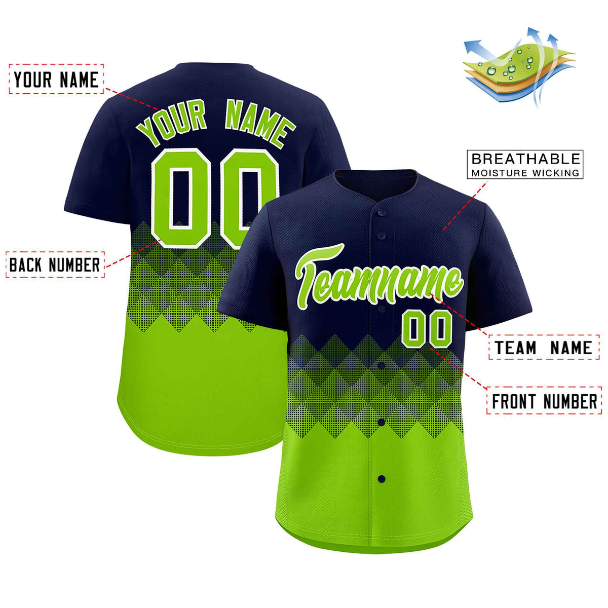 Custom Navy Neon Green Grid Blur Pattern Authentic Baseball Jersey