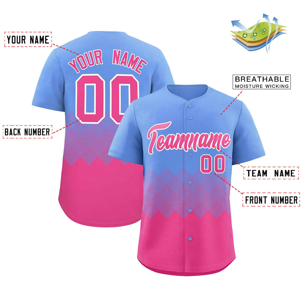 Custom Light Blue Pink Grid Blur Pattern Authentic Baseball Jersey