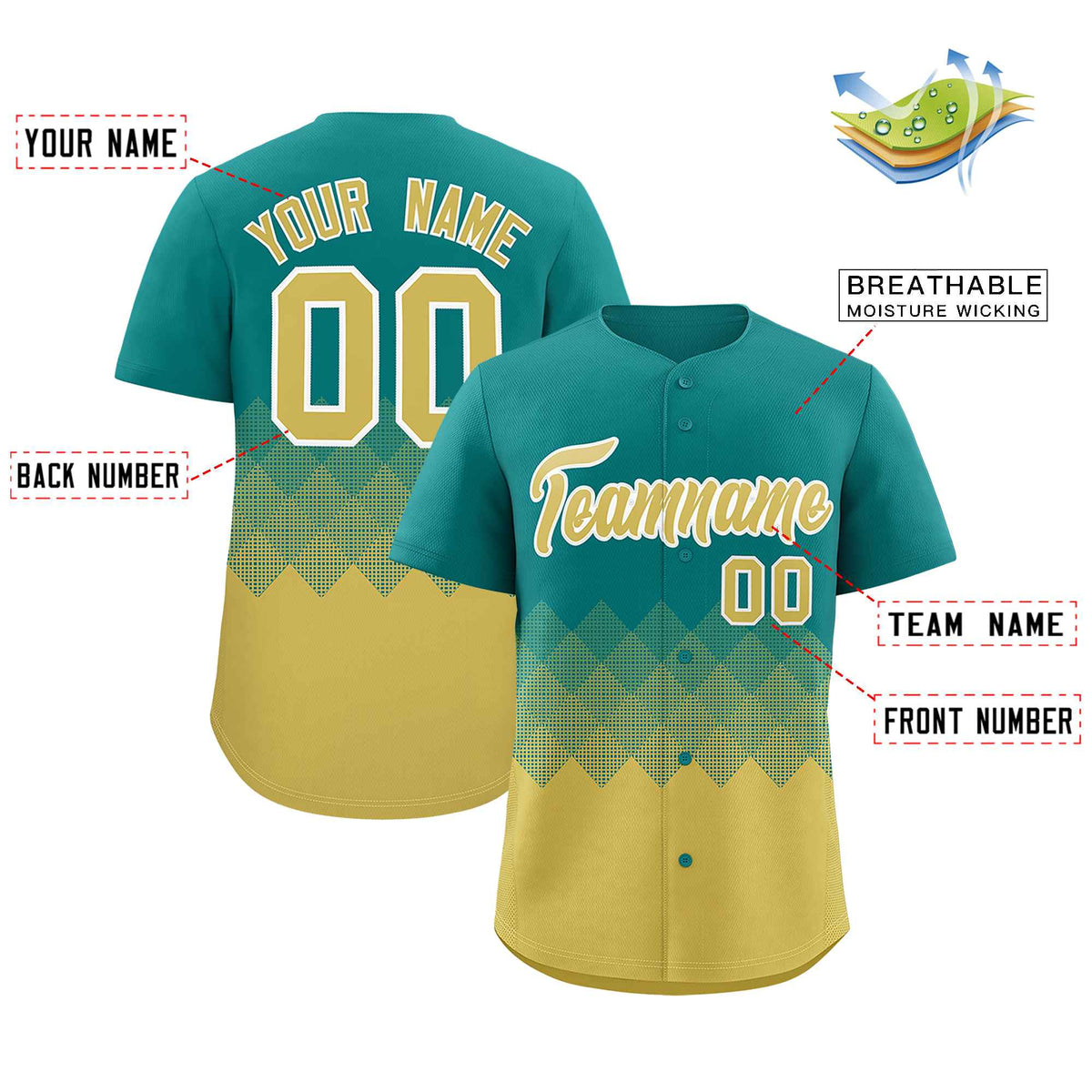 Custom Aqua Old Gold Grid Blur Pattern Authentic Baseball Jersey