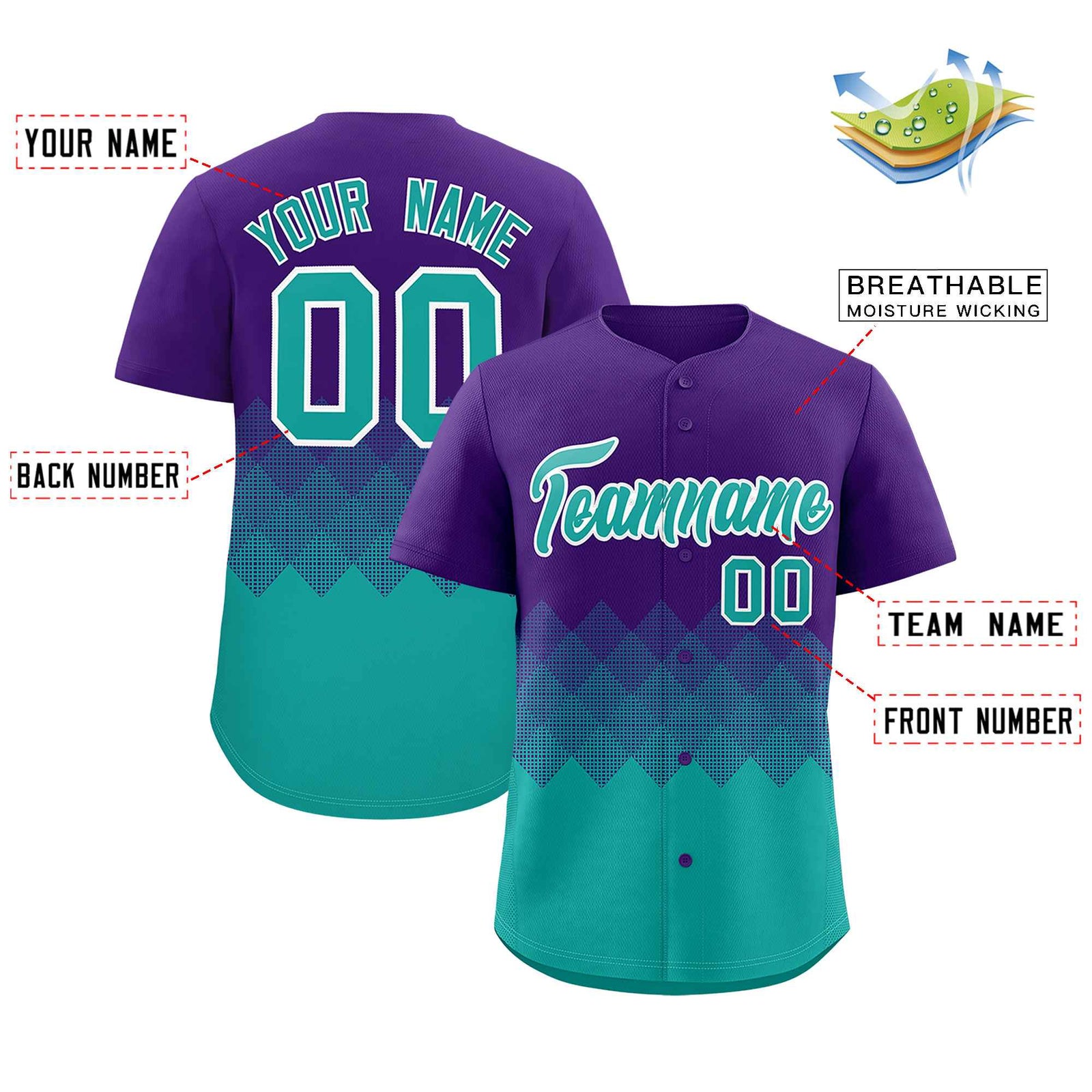 Custom Purple Aqua Grid Blur Pattern Authentic Baseball Jersey