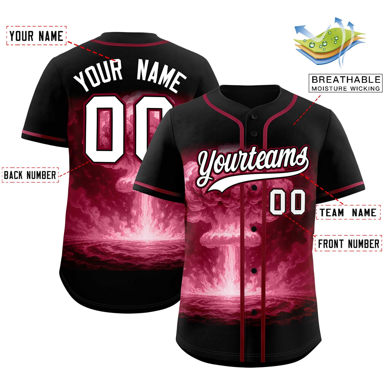 Custom Black Crimson Full Button Nuclear Blast Graffiti Pattern Authentic Baseball Jersey