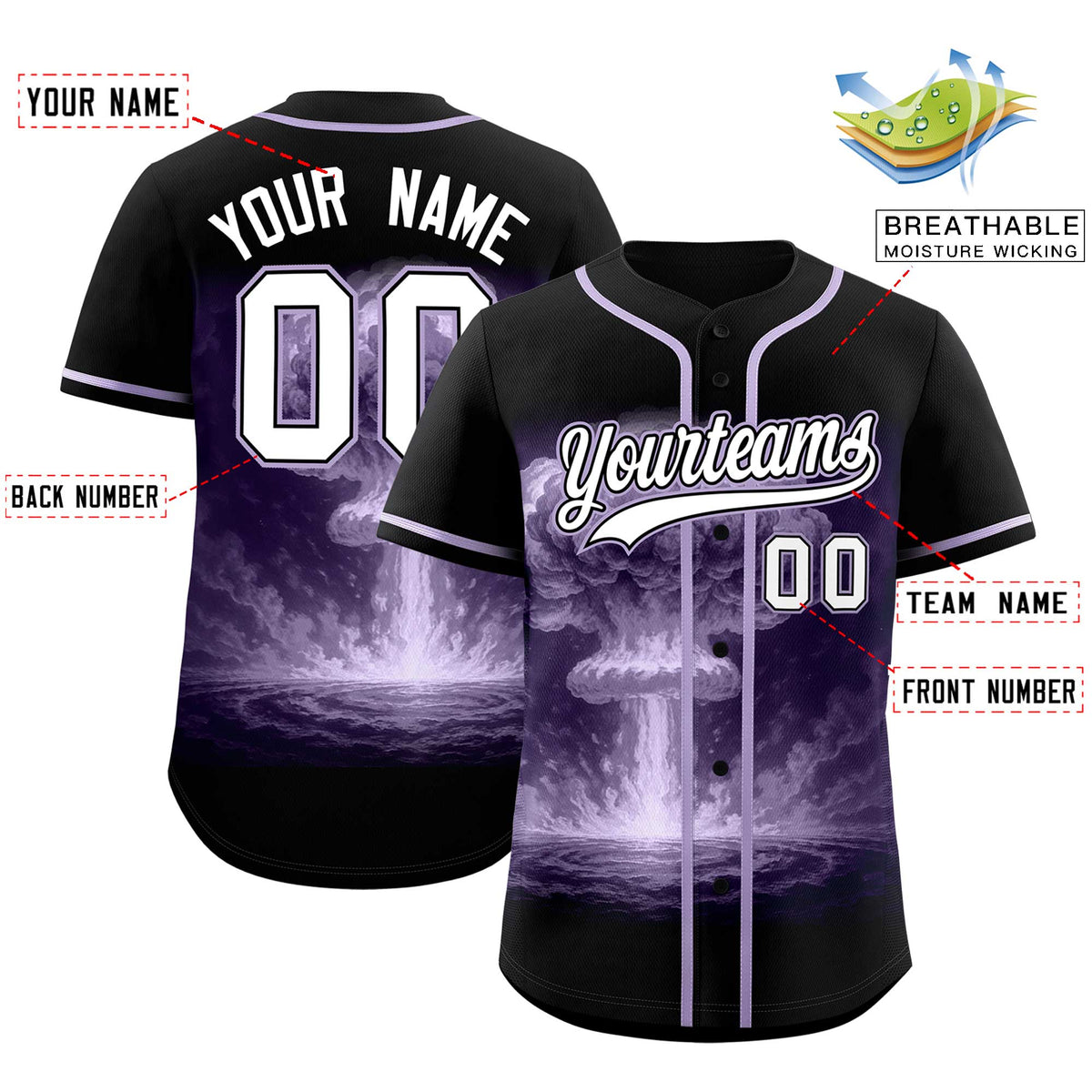 Custom Black Light Purple Full Button Nuclear Blast Graffiti Pattern Authentic Baseball Jersey