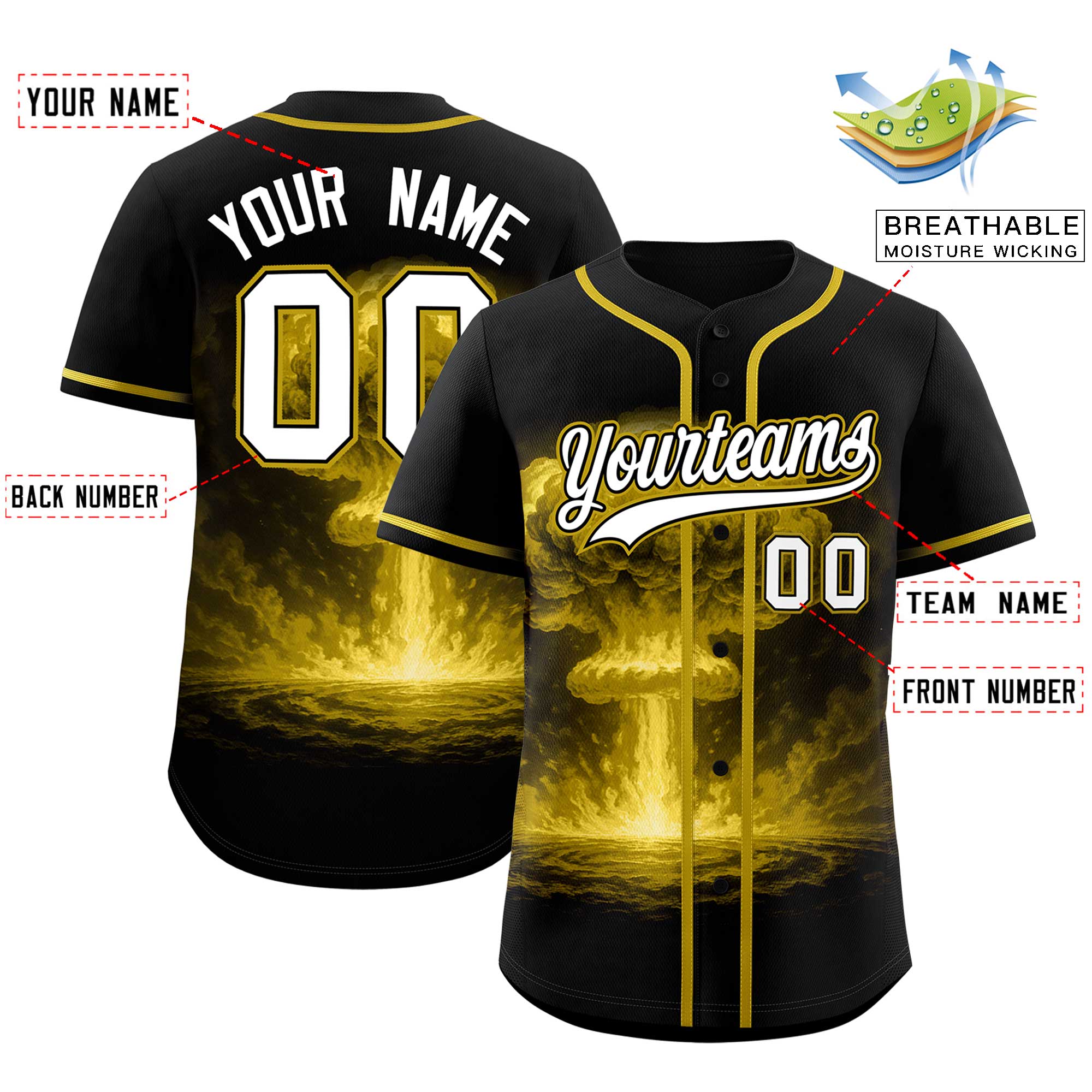 Custom Black Old Gold Full Button Nuclear Blast Graffiti Pattern Authentic Baseball Jersey