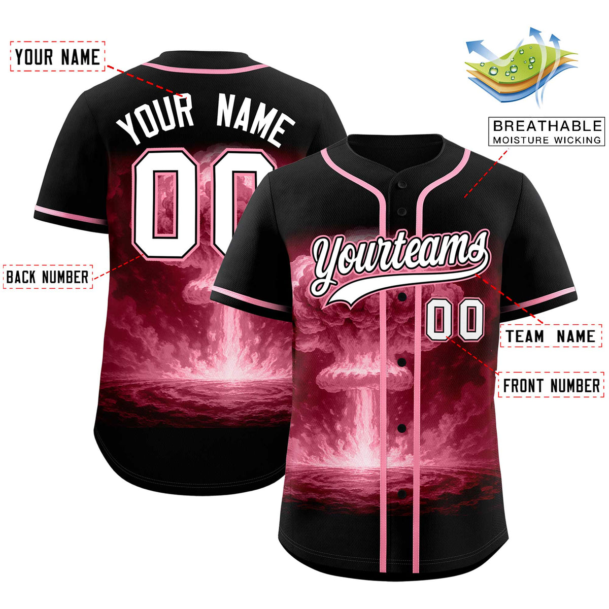 Custom Black Light Pink Full Button Nuclear Blast Graffiti Pattern Authentic Baseball Jersey