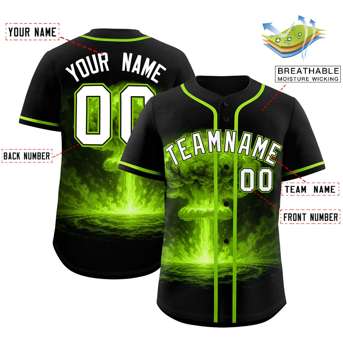 Custom Black Neon Green Full Button Nuclear Blast Graffiti Pattern Authentic Baseball Jersey