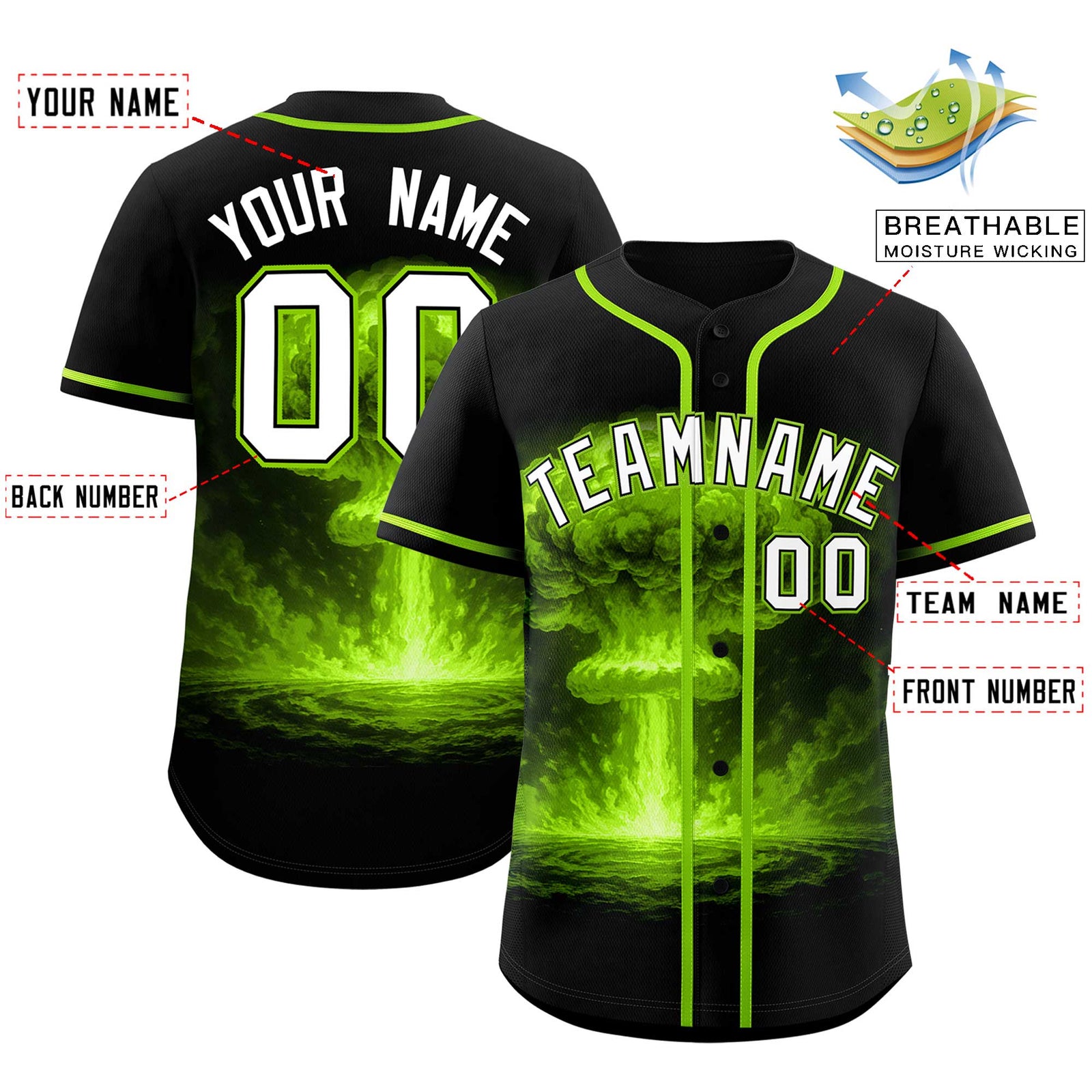 Custom Black Neon Green Full Button Nuclear Blast Graffiti Pattern Authentic Baseball Jersey