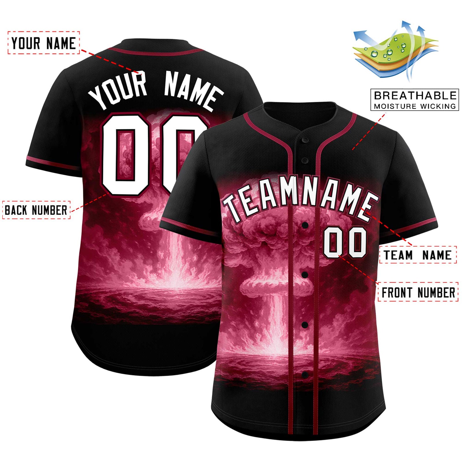 Custom Black Crimson Full Button Nuclear Blast Graffiti Pattern Authentic Baseball Jersey