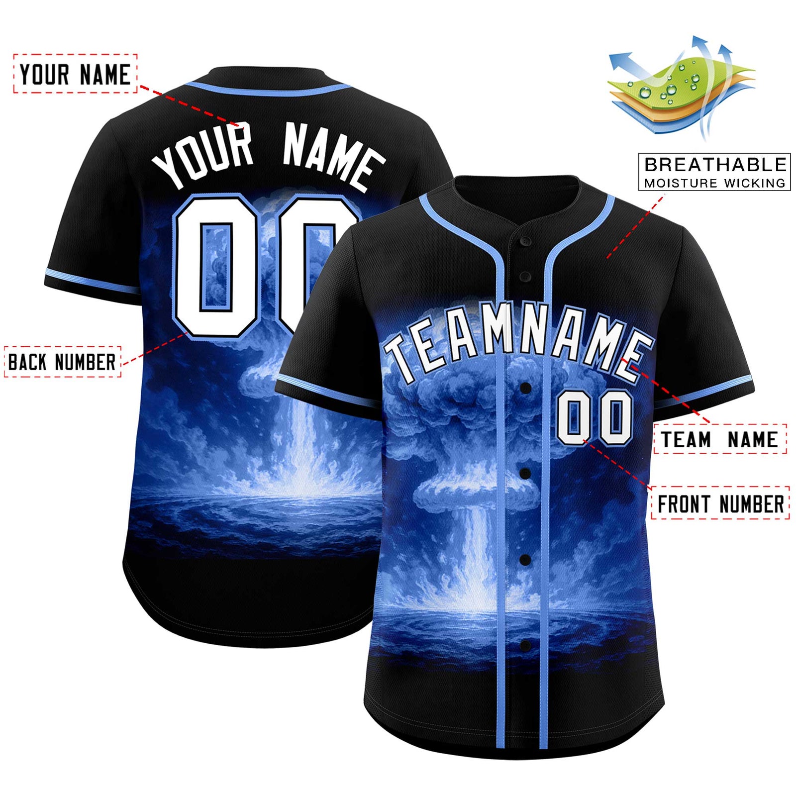 Custom Black Light Blue Full Button Nuclear Blast Graffiti Pattern Authentic Baseball Jersey