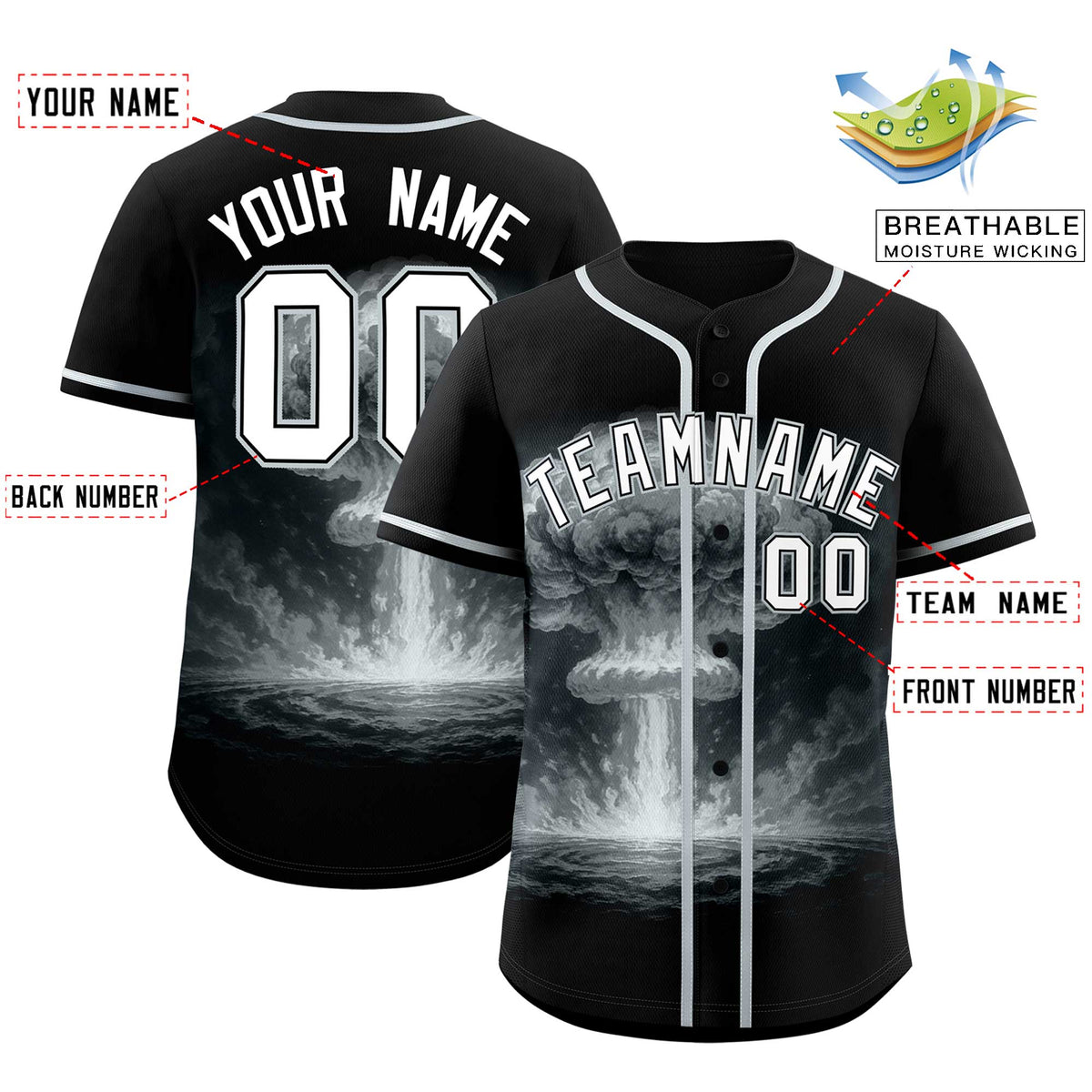 Custom Black Silver Full Button Nuclear Blast Graffiti Pattern Authentic Baseball Jersey