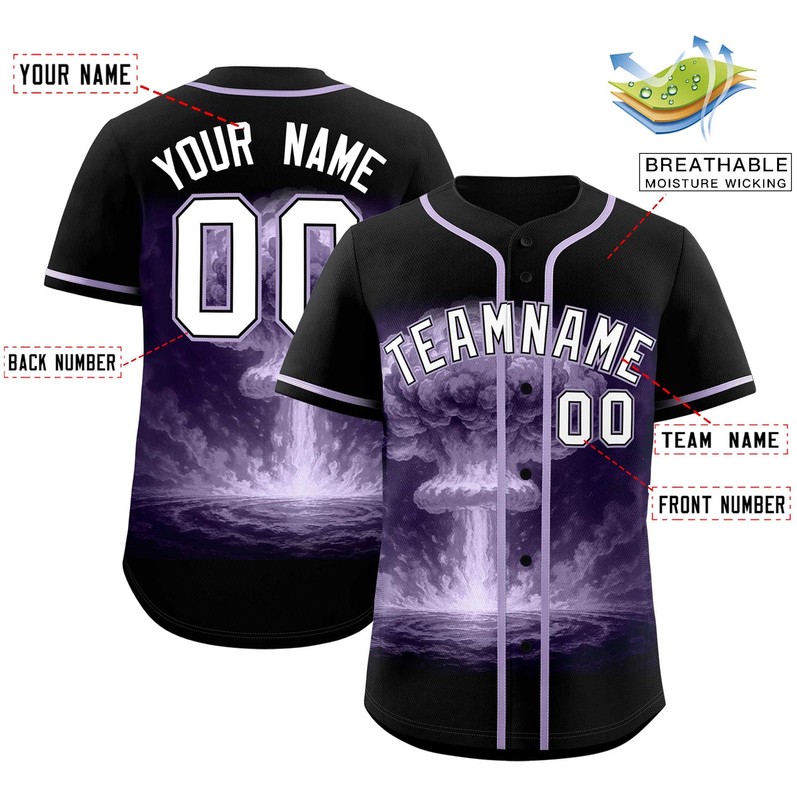 Custom Black Light Purple Full Button Nuclear Blast Graffiti Pattern Authentic Baseball Jersey