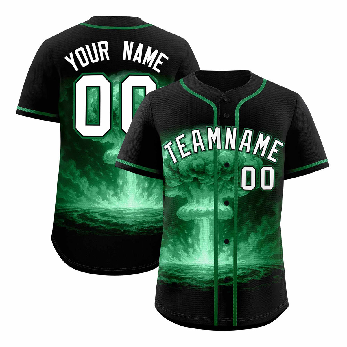 Custom Black Kelly Green Full Button Nuclear Blast Graffiti Pattern Authentic Baseball Jersey