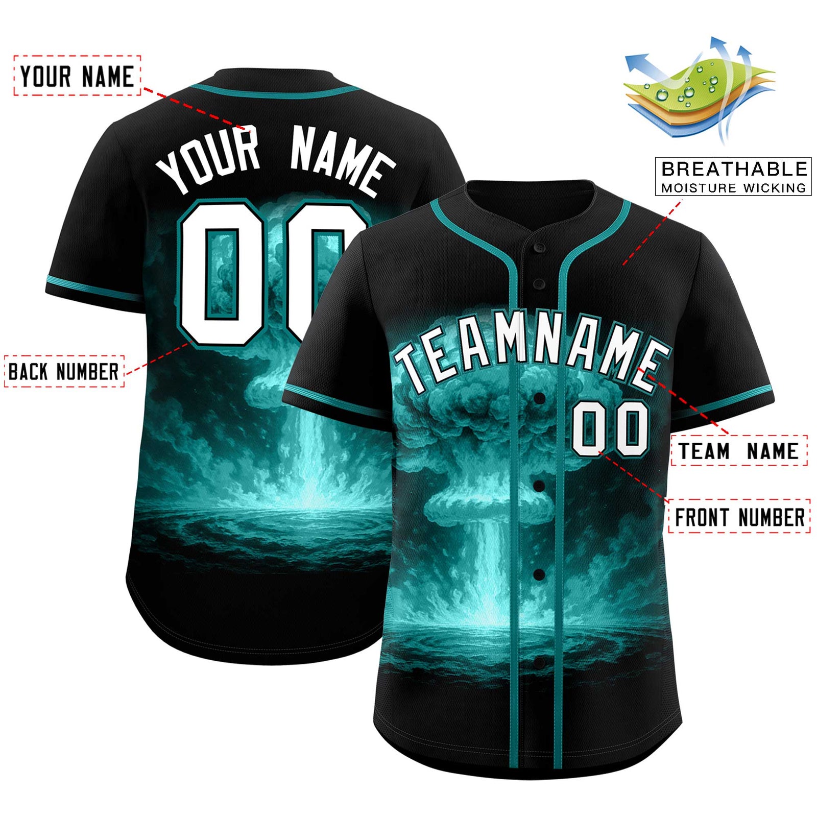 Custom Black Teal Full Button Nuclear Blast Graffiti Pattern Authentic Baseball Jersey