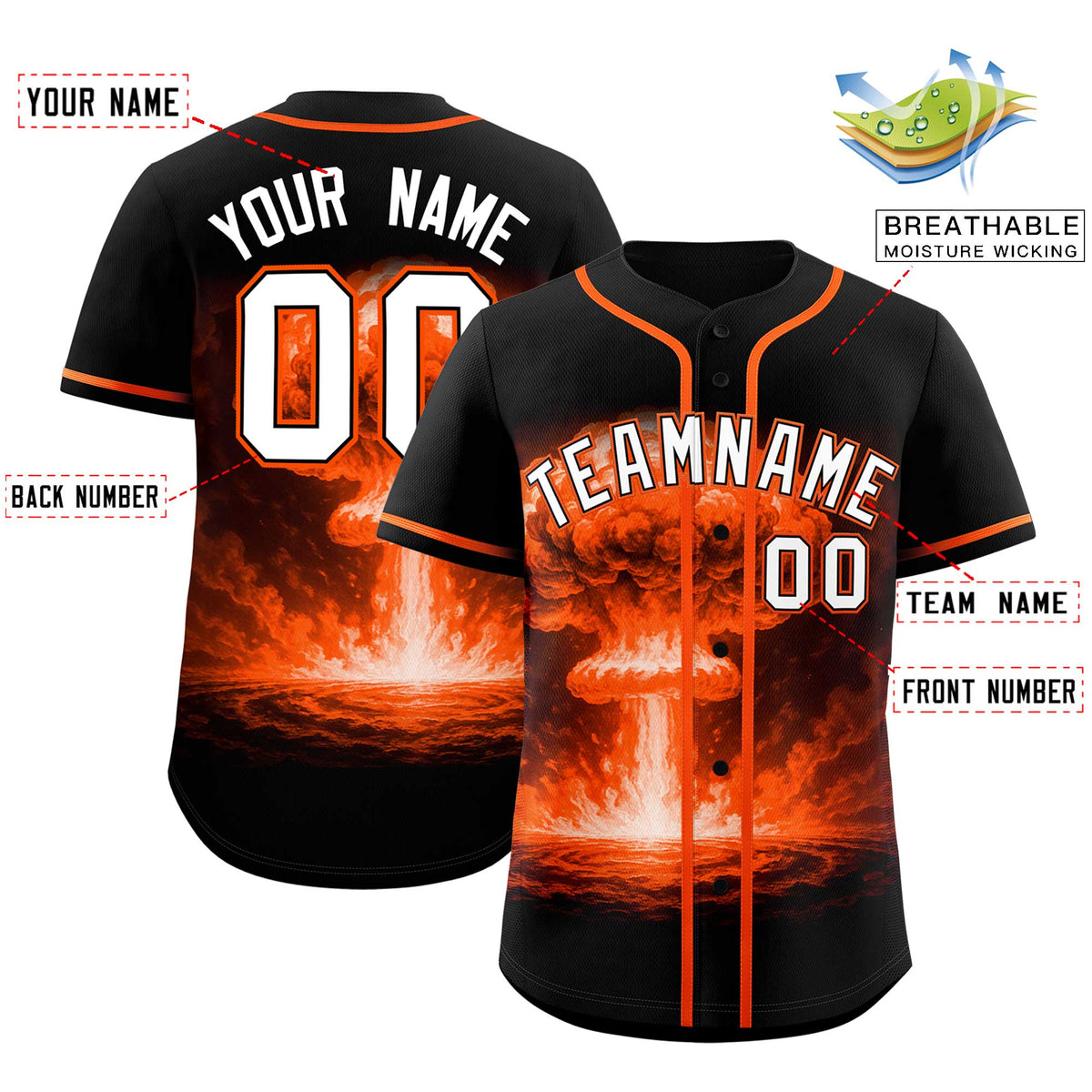 Custom Black Orange Full Button Nuclear Blast Graffiti Pattern Authentic Baseball Jersey