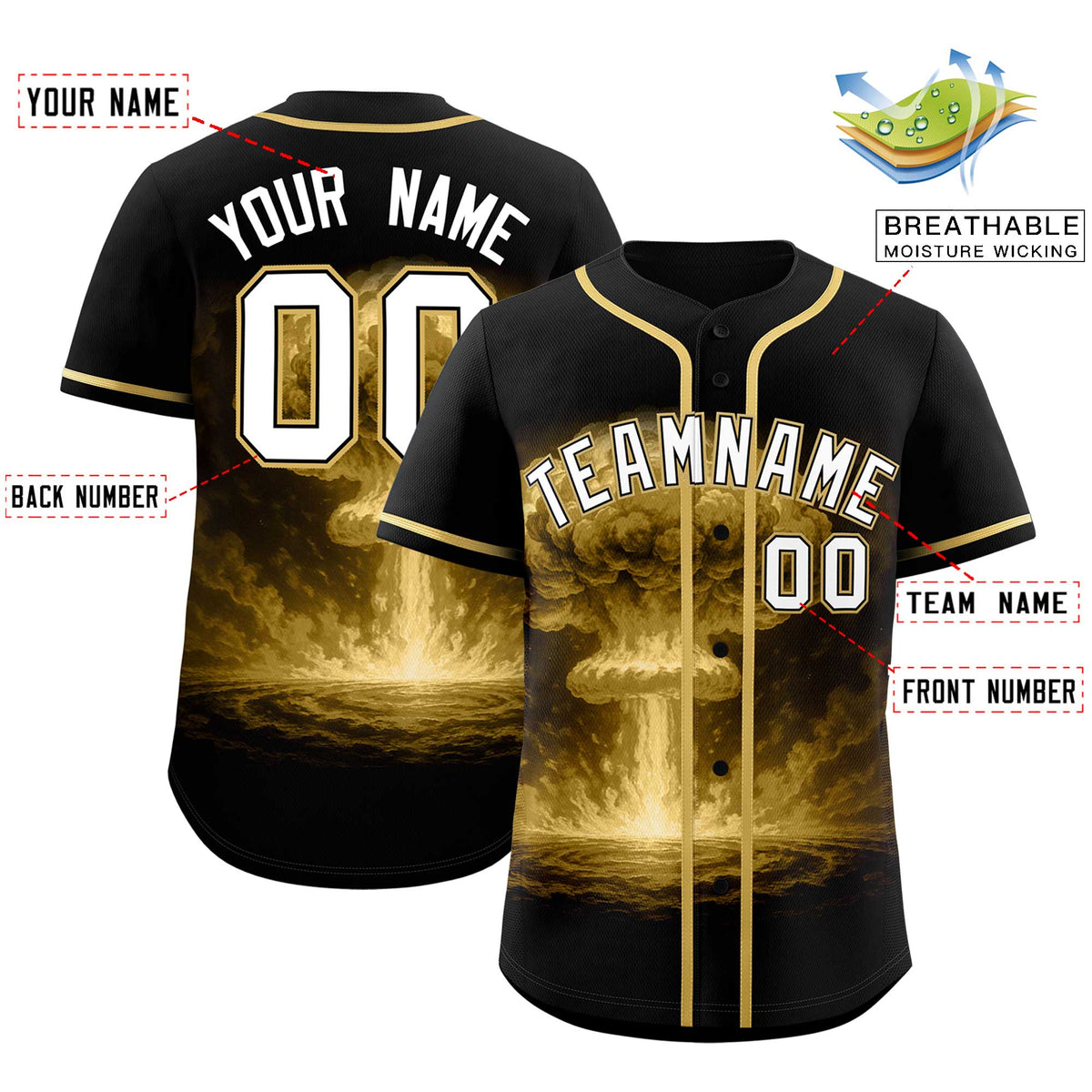 Custom Black Old Gold Full Button Nuclear Blast Graffiti Pattern Authentic Baseball Jersey
