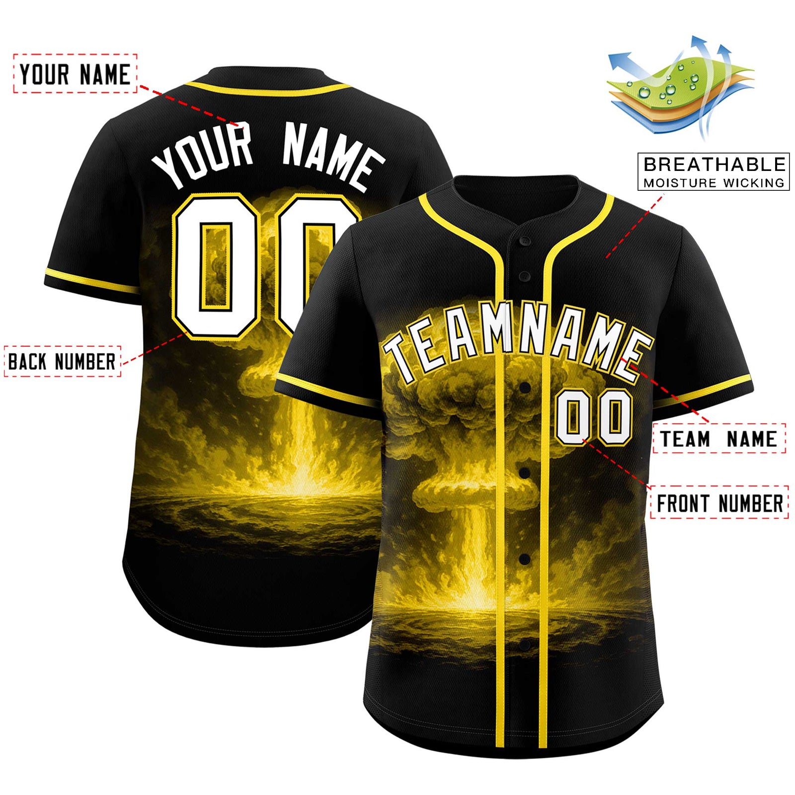 Custom Black Gold Full Button Nuclear Blast Graffiti Pattern Authentic Baseball Jersey