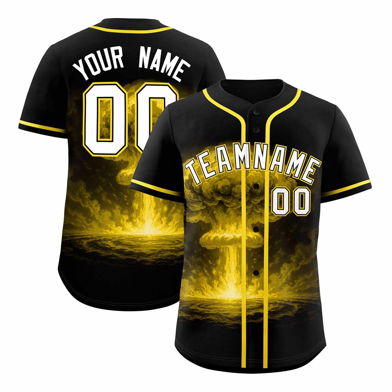 Custom Black Gold Full Button Nuclear Blast Graffiti Pattern Authentic Baseball Jersey