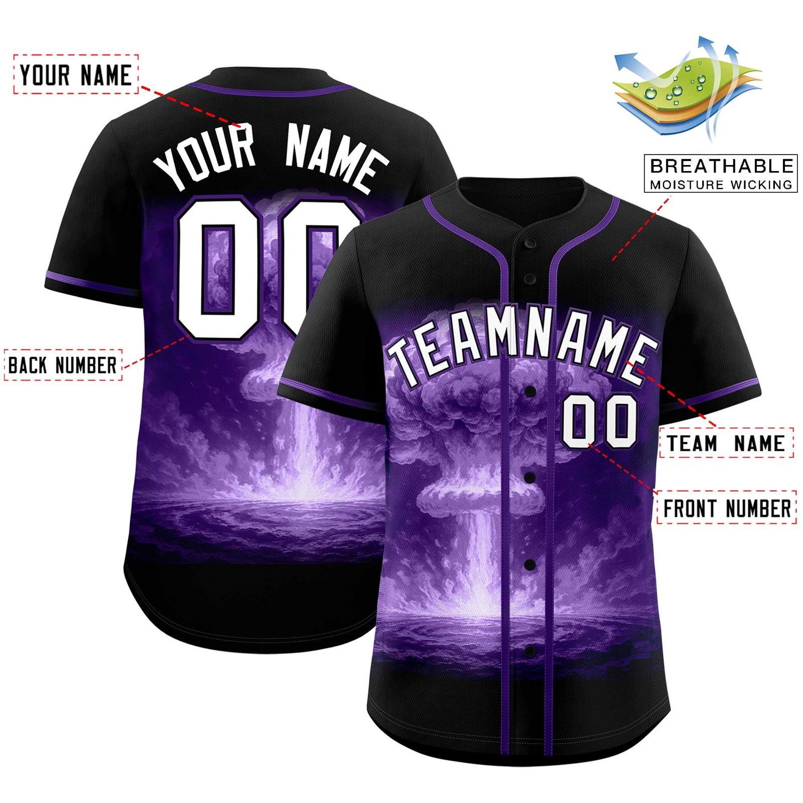 Custom Black Purple Full Button Nuclear Blast Graffiti Pattern Authentic Baseball Jersey