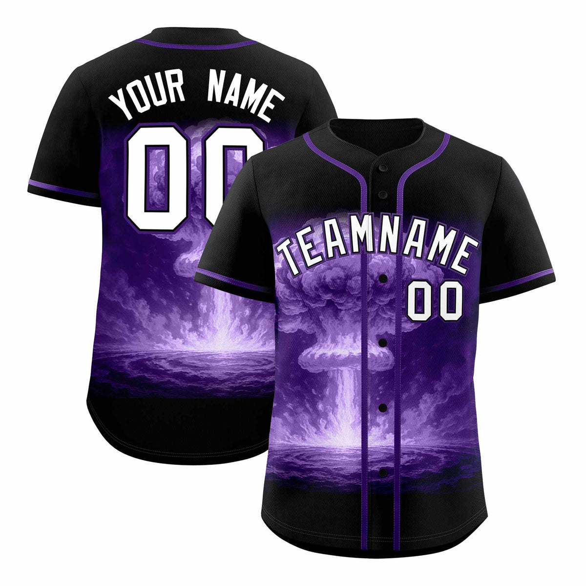 Custom Black Purple Full Button Nuclear Blast Graffiti Pattern Authentic Baseball Jersey