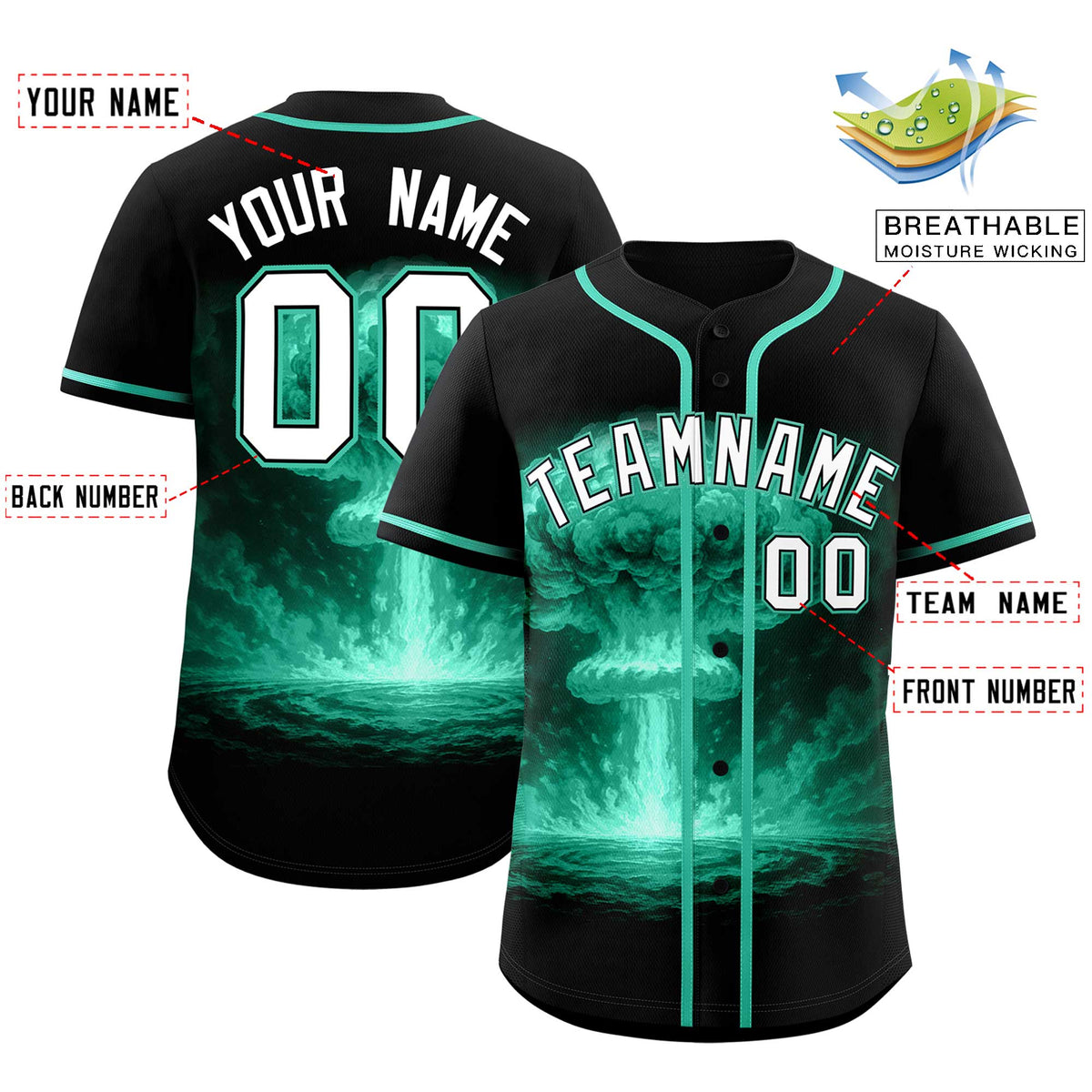 Custom Black Bright Green Full Button Nuclear Blast Graffiti Pattern Authentic Baseball Jersey