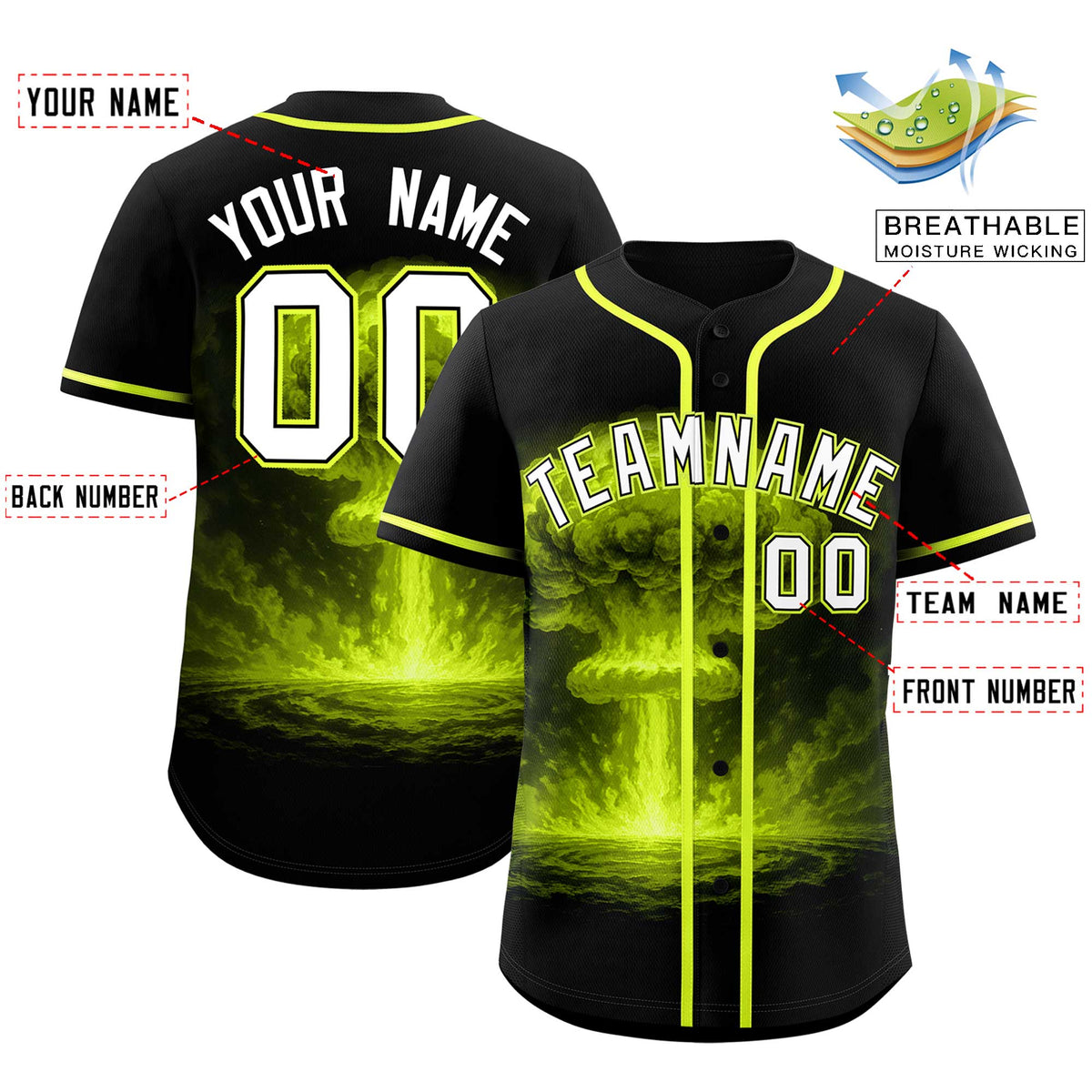 Custom Black Fluorescent Green Full Button Nuclear Blast Graffiti Pattern Authentic Baseball Jersey