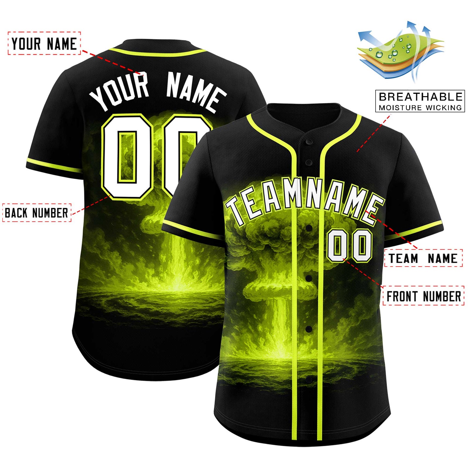 Custom Black Fluorescent Green Full Button Nuclear Blast Graffiti Pattern Authentic Baseball Jersey
