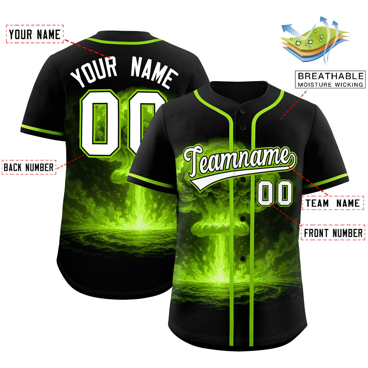 Custom Black Neon Green Full Button Nuclear Blast Graffiti Pattern Authentic Baseball Jersey