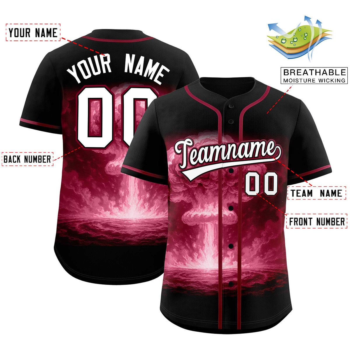 Custom Black Crimson Full Button Nuclear Blast Graffiti Pattern Authentic Baseball Jersey