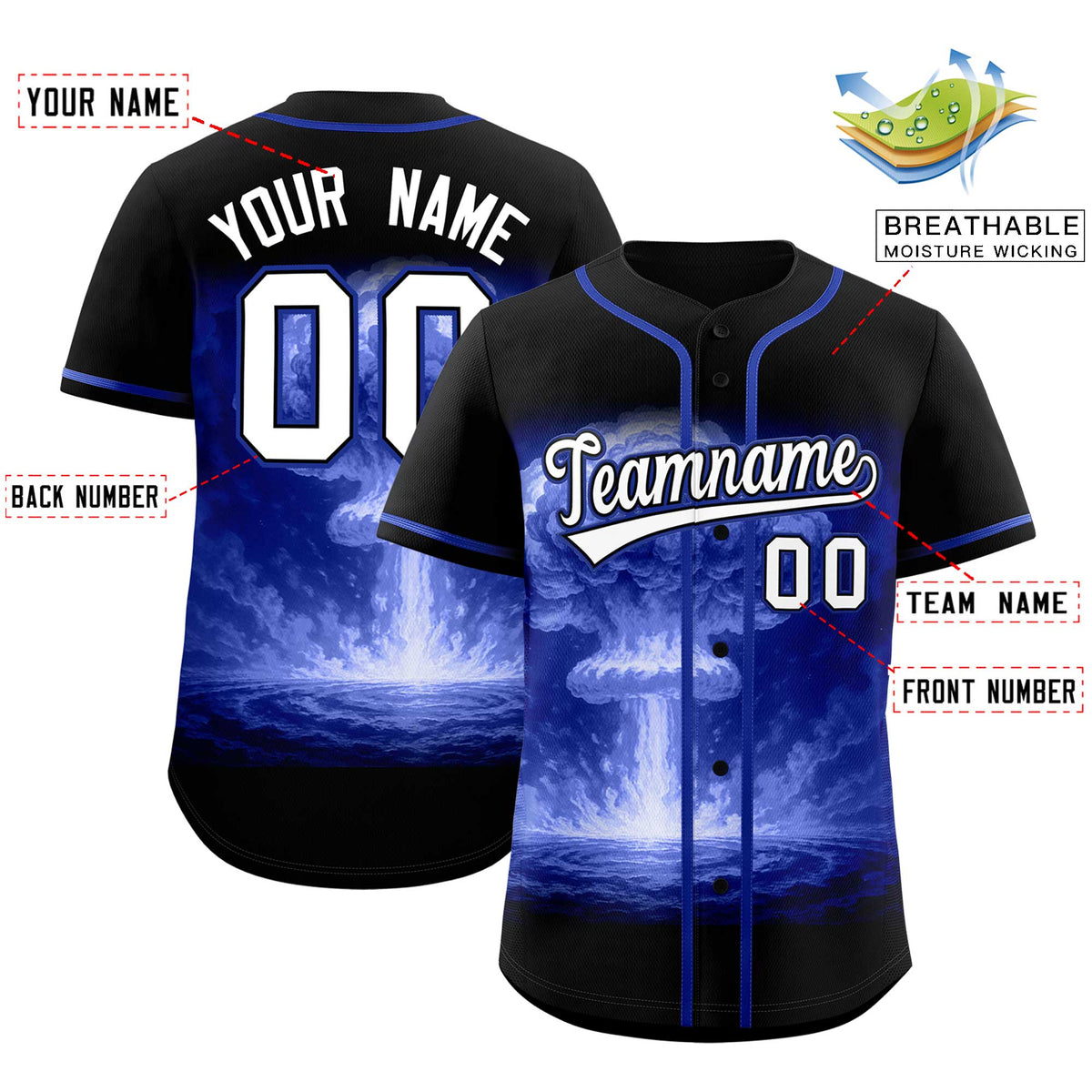 Custom Black Royal Full Button Nuclear Blast Graffiti Pattern Authentic Baseball Jersey