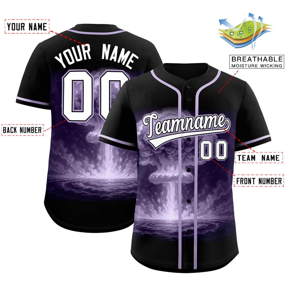 Custom Black Light Purple Full Button Nuclear Blast Graffiti Pattern Authentic Baseball Jersey