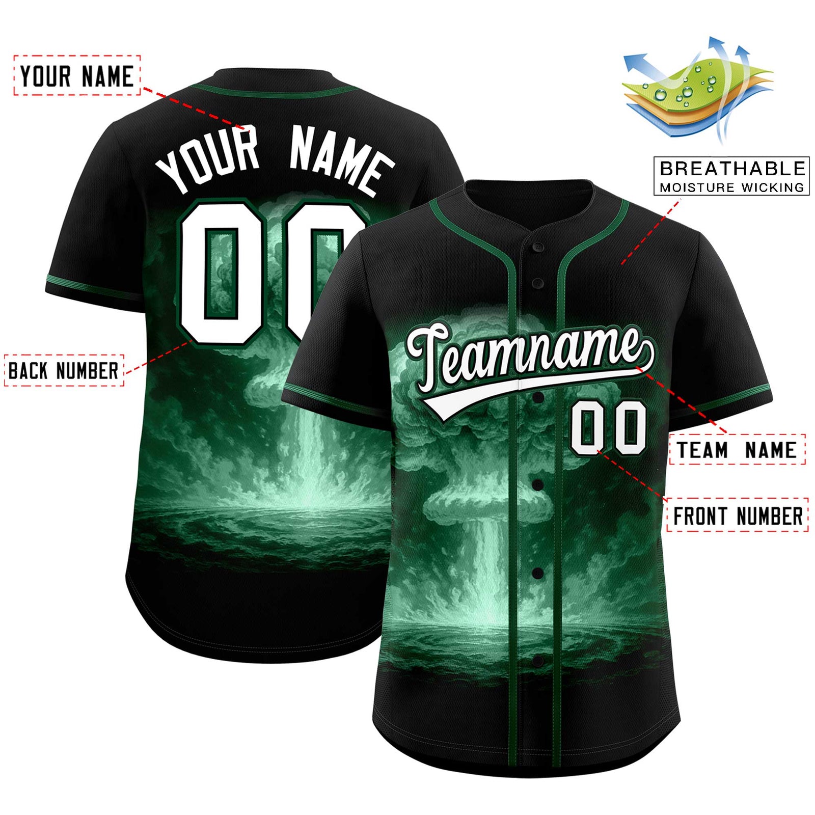 Custom Black Green Full Button Nuclear Blast Graffiti Pattern Authentic Baseball Jersey