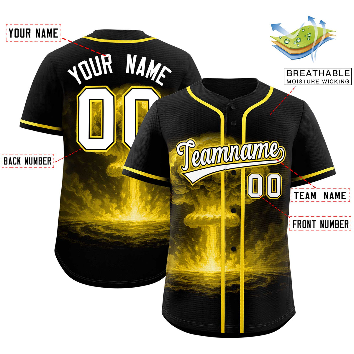 Custom Black Gold Full Button Nuclear Blast Graffiti Pattern Authentic Baseball Jersey