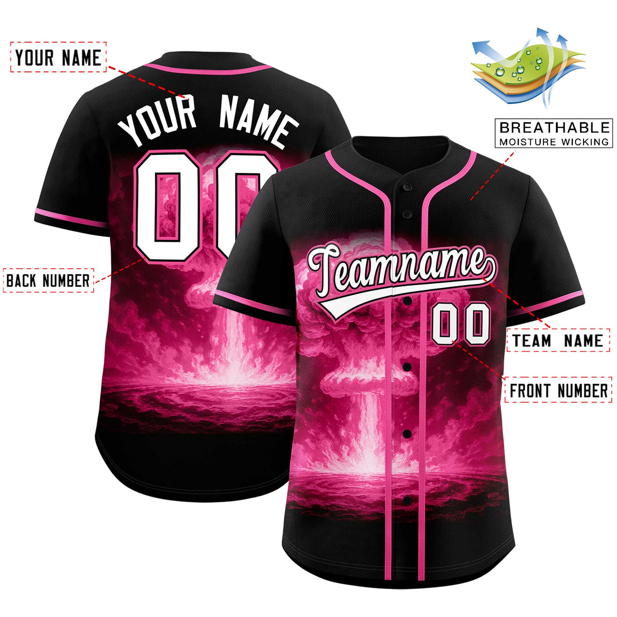 Custom Black Pink Full Button Nuclear Blast Graffiti Pattern Authentic Baseball Jersey