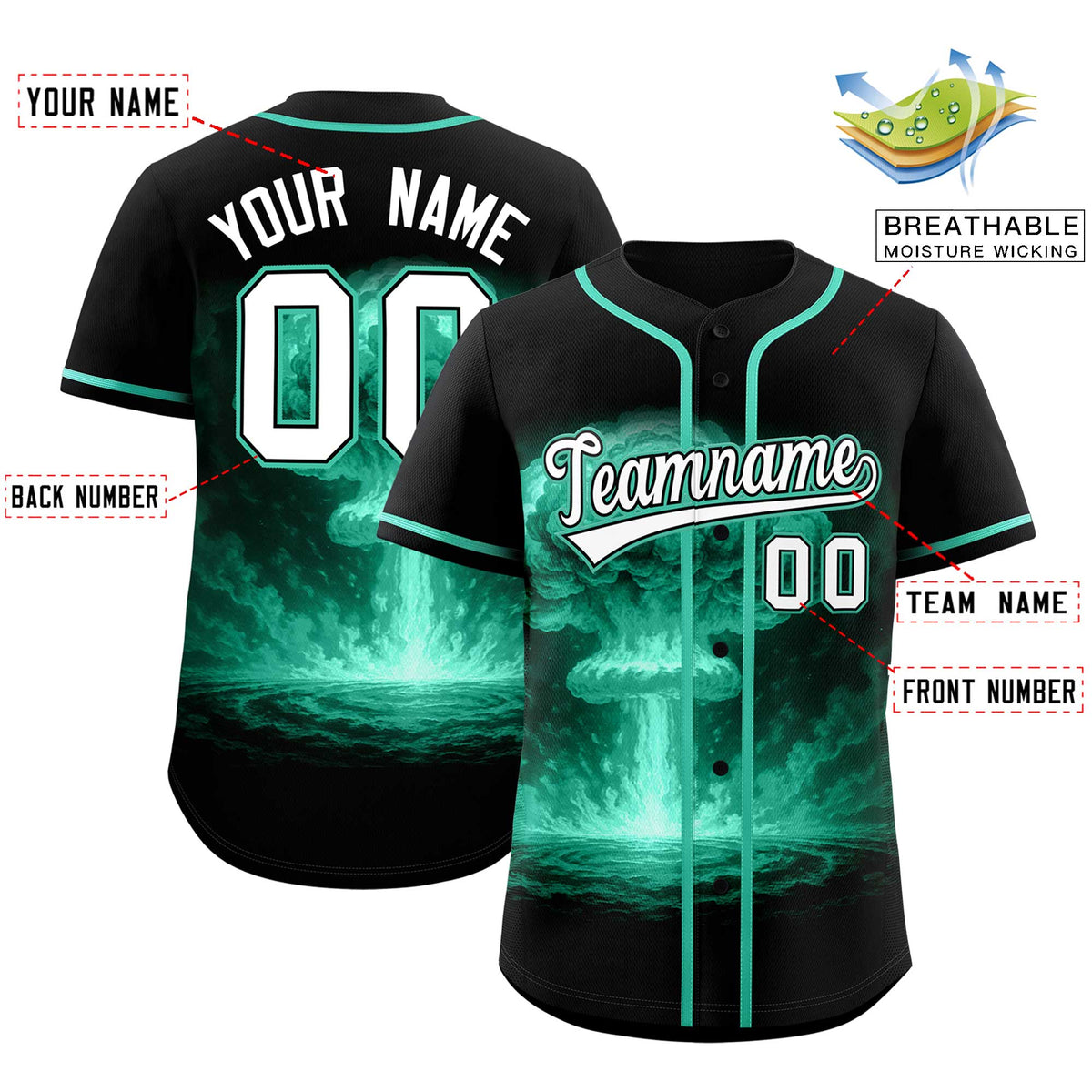 Custom Black Bright Green Full Button Nuclear Blast Graffiti Pattern Authentic Baseball Jersey