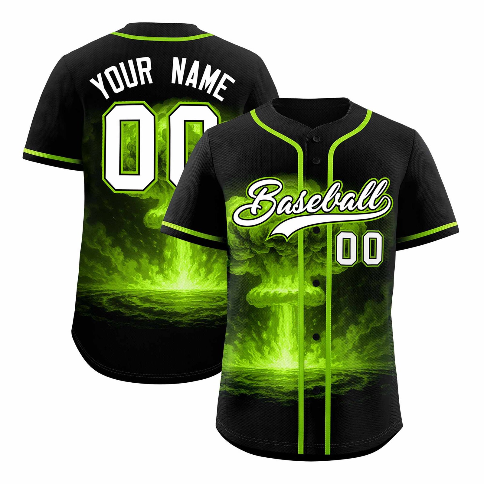 Custom Black Neon Green Full Button Nuclear Blast Graffiti Pattern Authentic Baseball Jersey