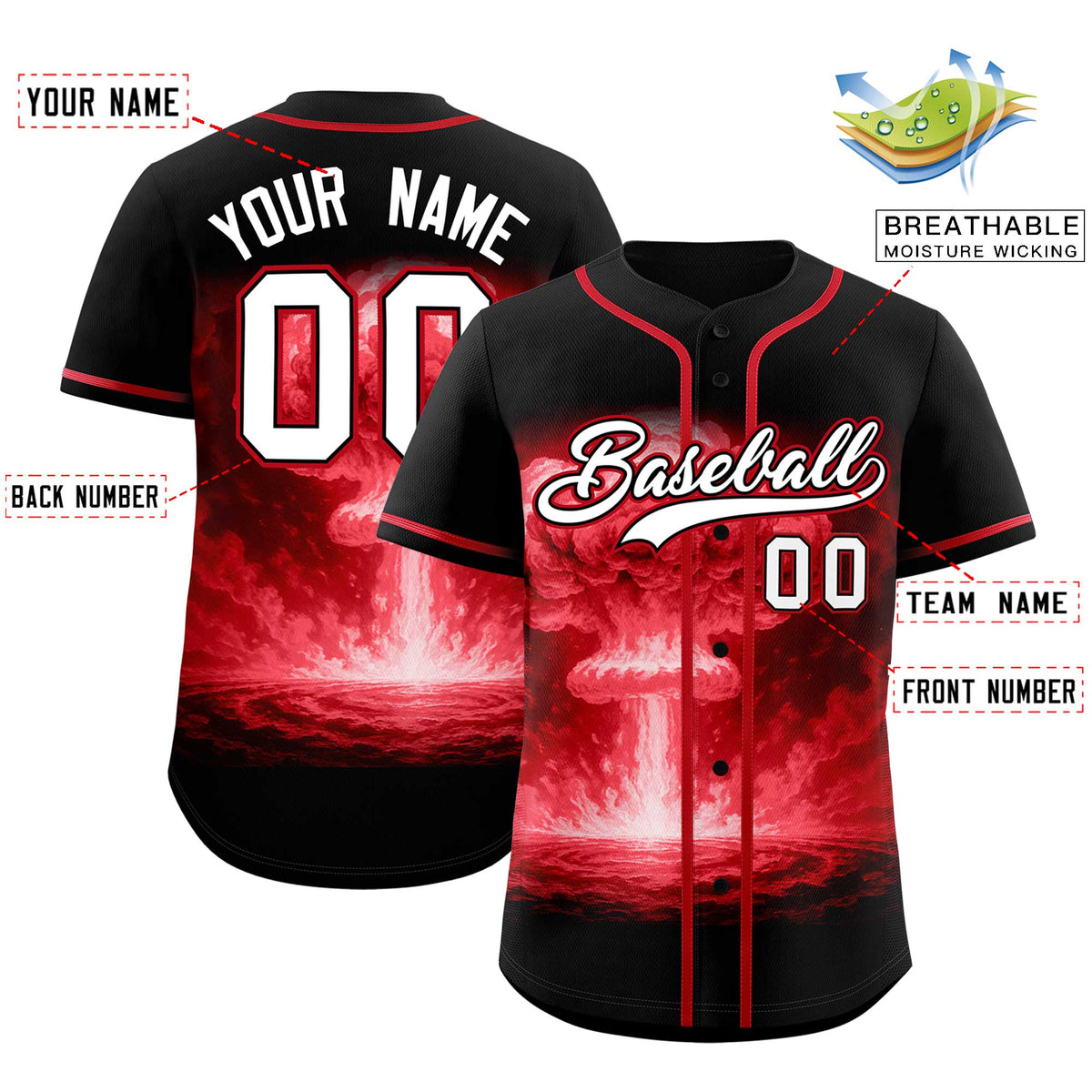 Custom Black Red Full Button Nuclear Blast Graffiti Pattern Authentic Baseball Jersey