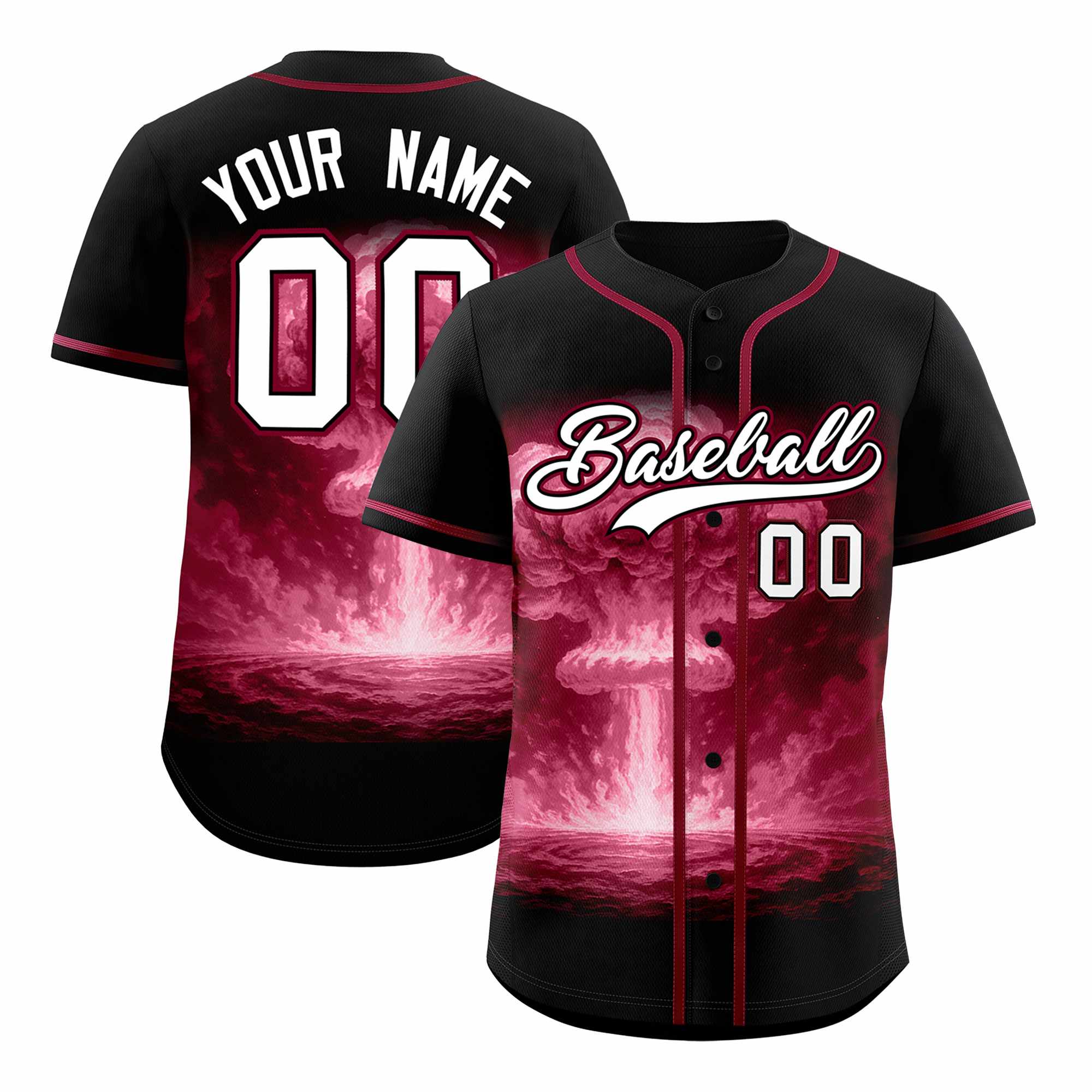 Custom Black Crimson Full Button Nuclear Blast Graffiti Pattern Authentic Baseball Jersey
