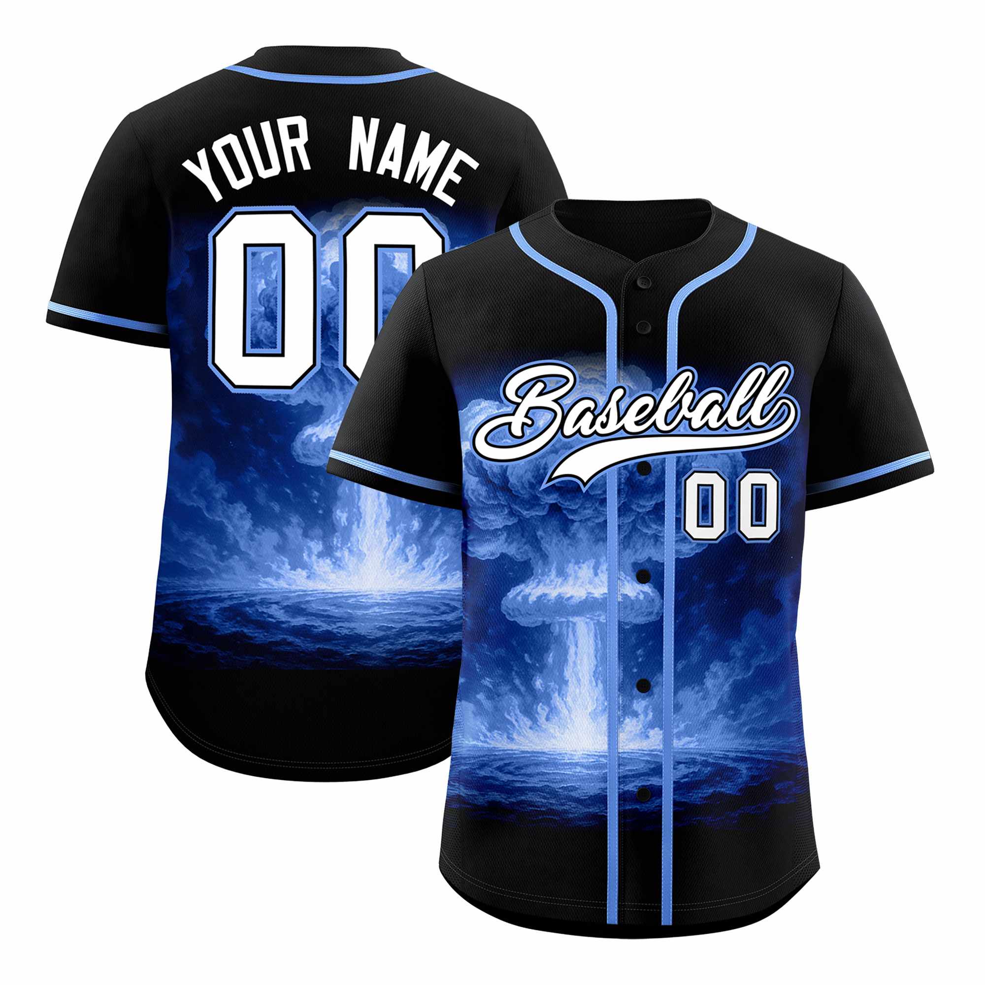 Custom Black Light Blue Full Button Nuclear Blast Graffiti Pattern Authentic Baseball Jersey