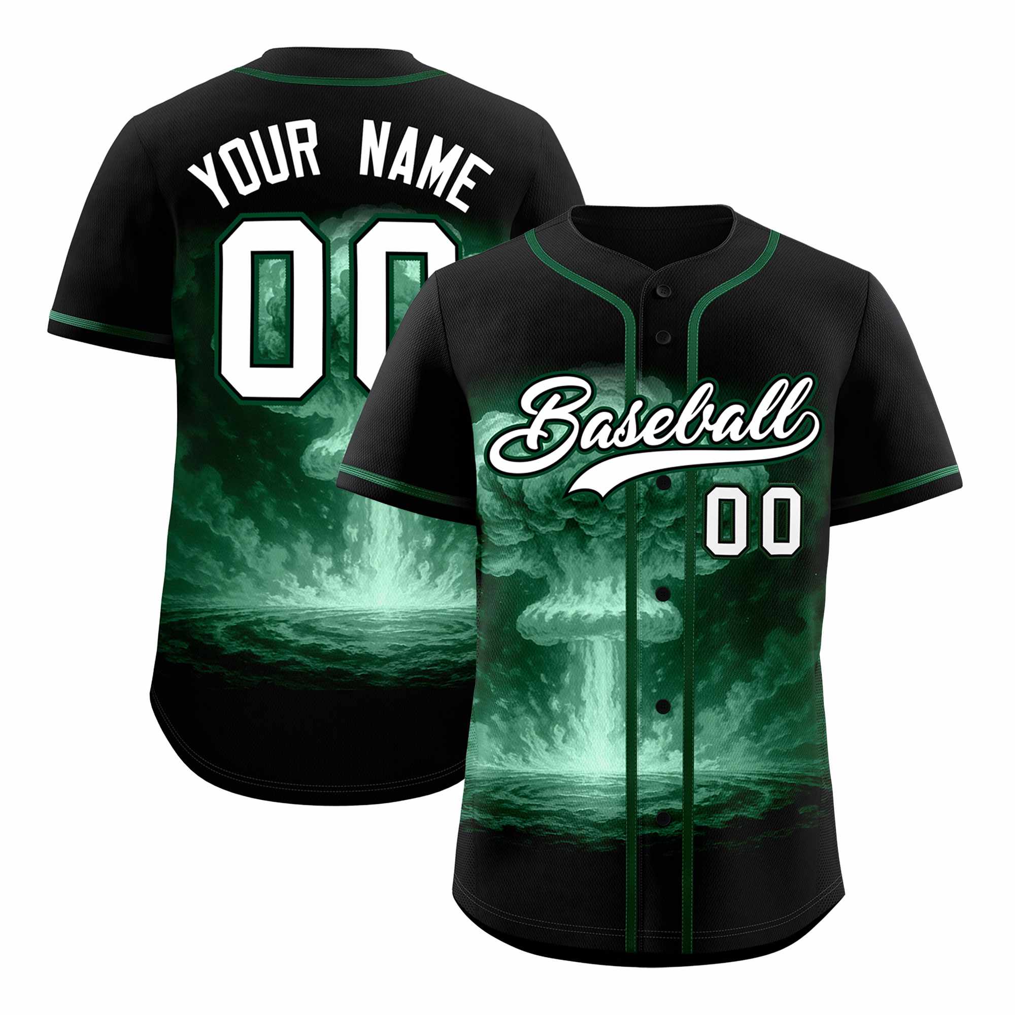 Custom Black Green Full Button Nuclear Blast Graffiti Pattern Authentic Baseball Jersey