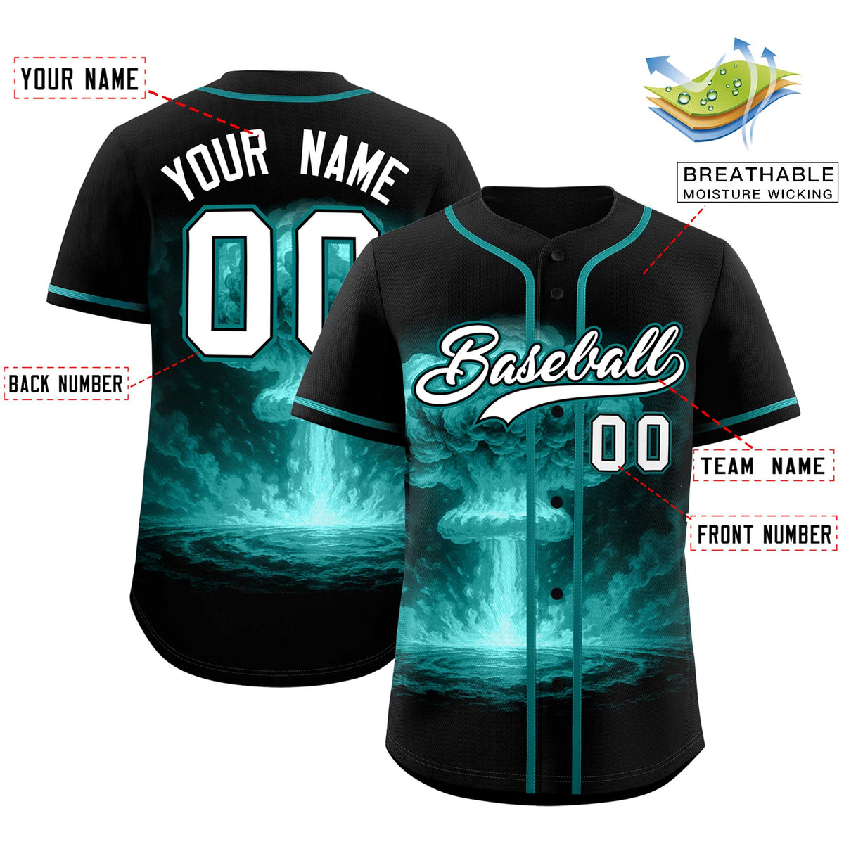 Custom Black Teal Full Button Nuclear Blast Graffiti Pattern Authentic Baseball Jersey