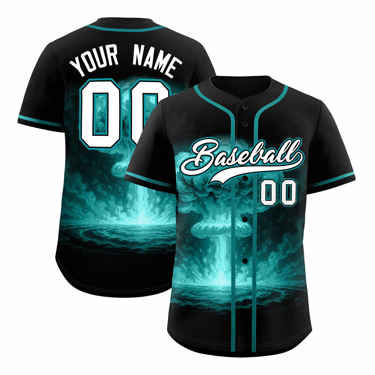 Custom Black Aqua Full Button Nuclear Blast Graffiti Pattern Authentic Baseball Jersey