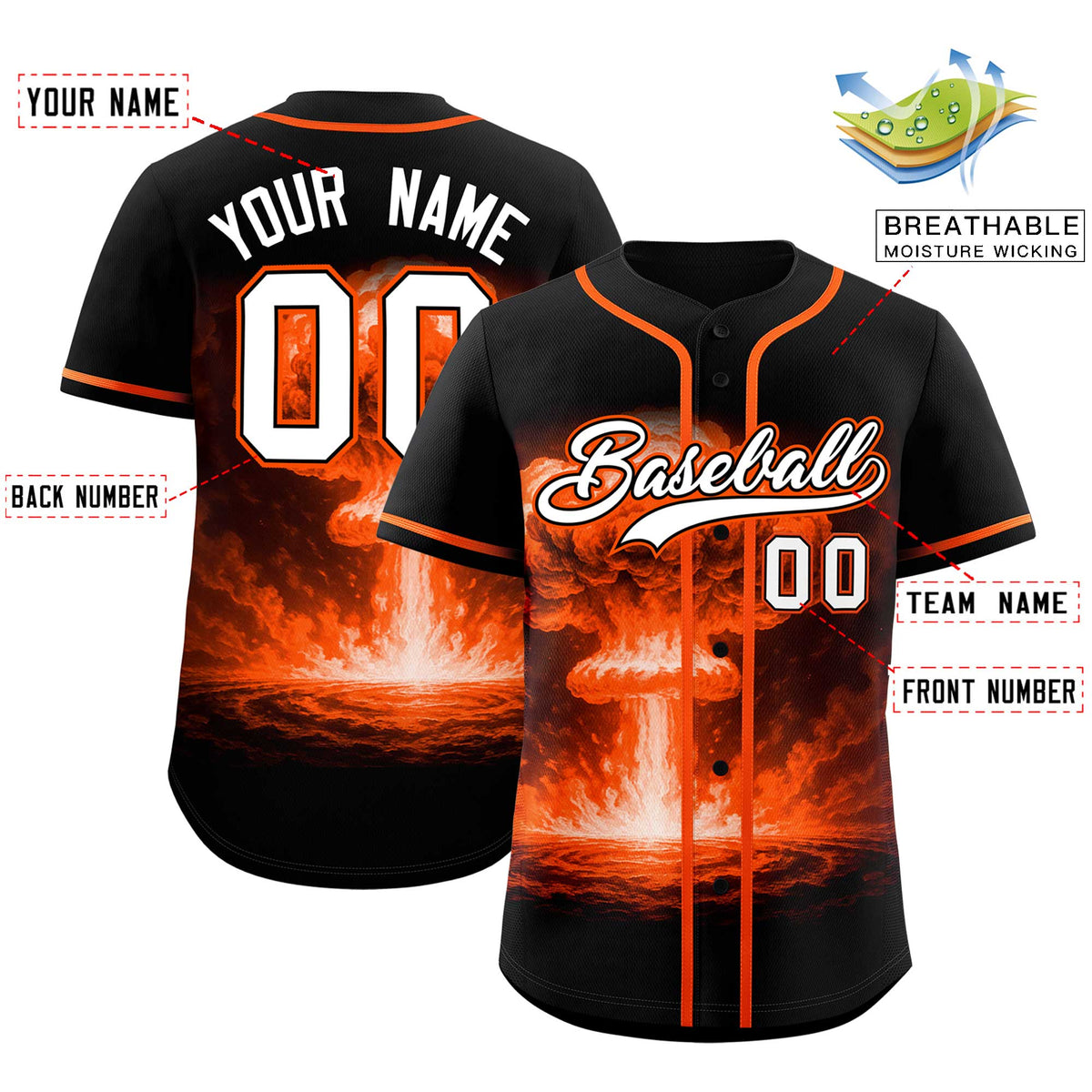 Custom Black Orange Full Button Nuclear Blast Graffiti Pattern Authentic Baseball Jersey