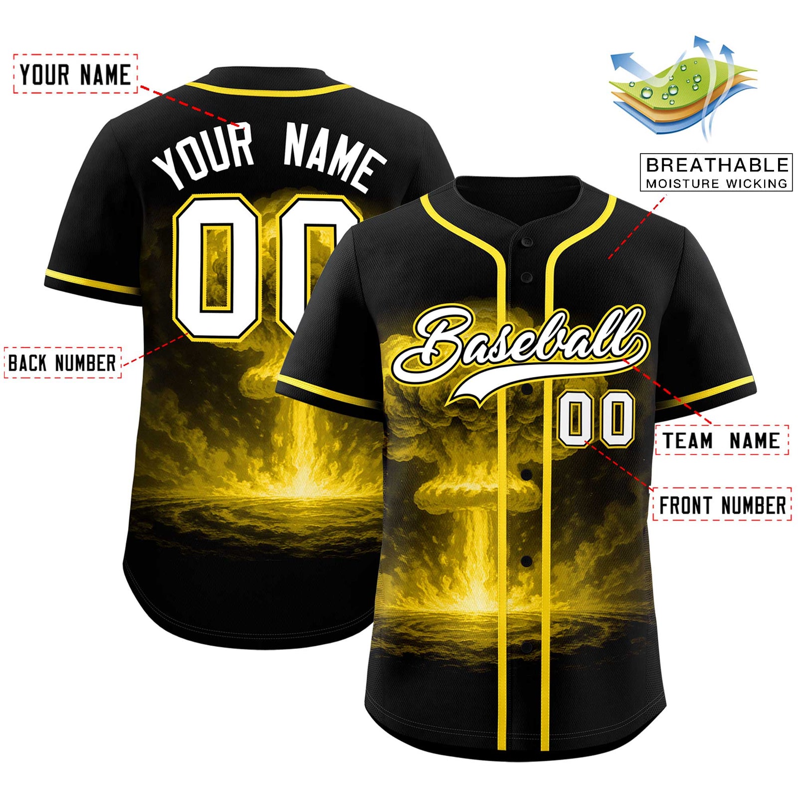 Custom Black Gold Full Button Nuclear Blast Graffiti Pattern Authentic Baseball Jersey
