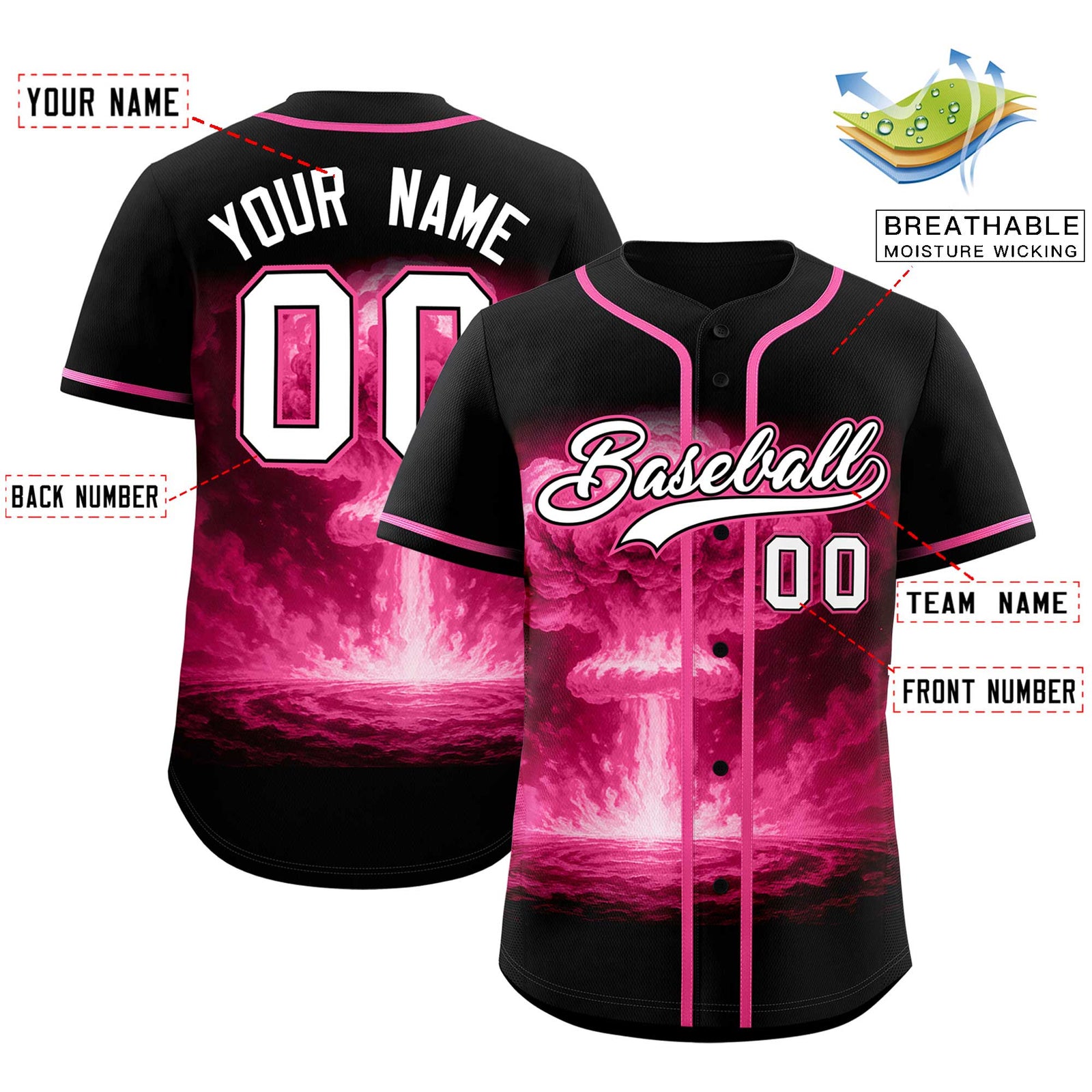 Custom Black Pink Full Button Nuclear Blast Graffiti Pattern Authentic Baseball Jersey