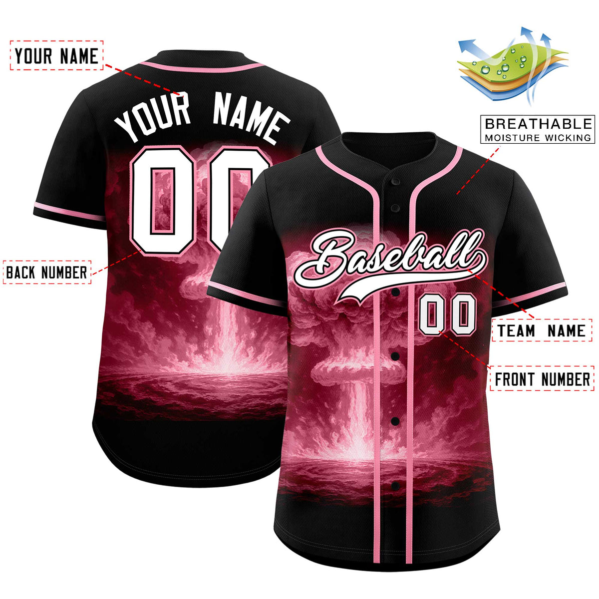 Custom Black Light Pink Full Button Nuclear Blast Graffiti Pattern Authentic Baseball Jersey