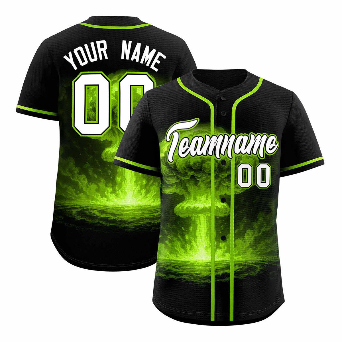 Custom Black Neon Green Full Button Nuclear Blast Graffiti Pattern Authentic Baseball Jersey