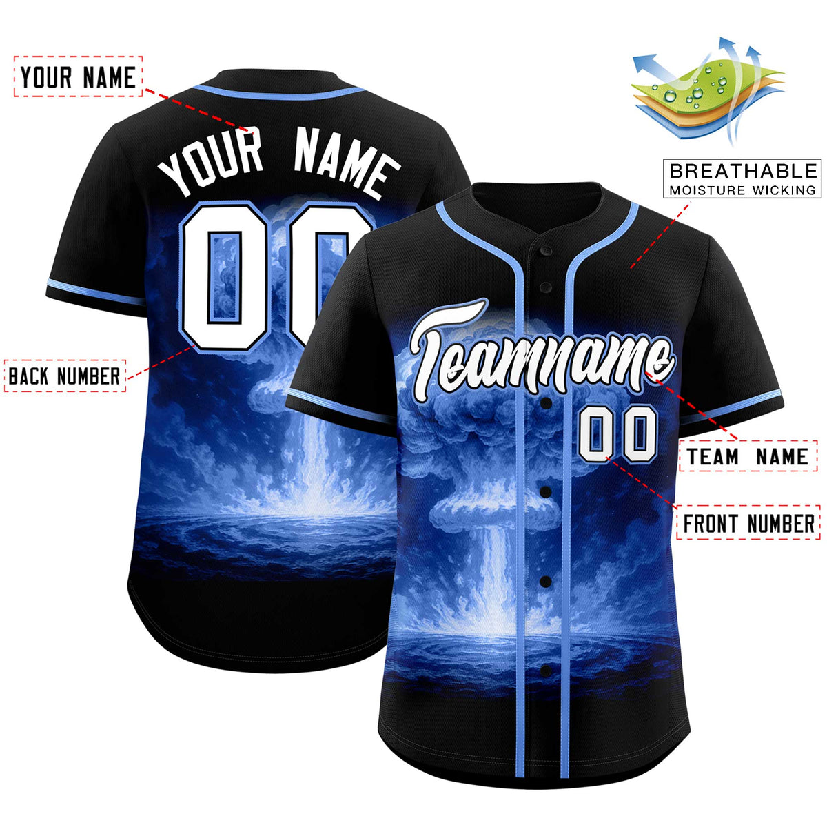 Custom Black Light Blue Full Button Nuclear Blast Graffiti Pattern Authentic Baseball Jersey