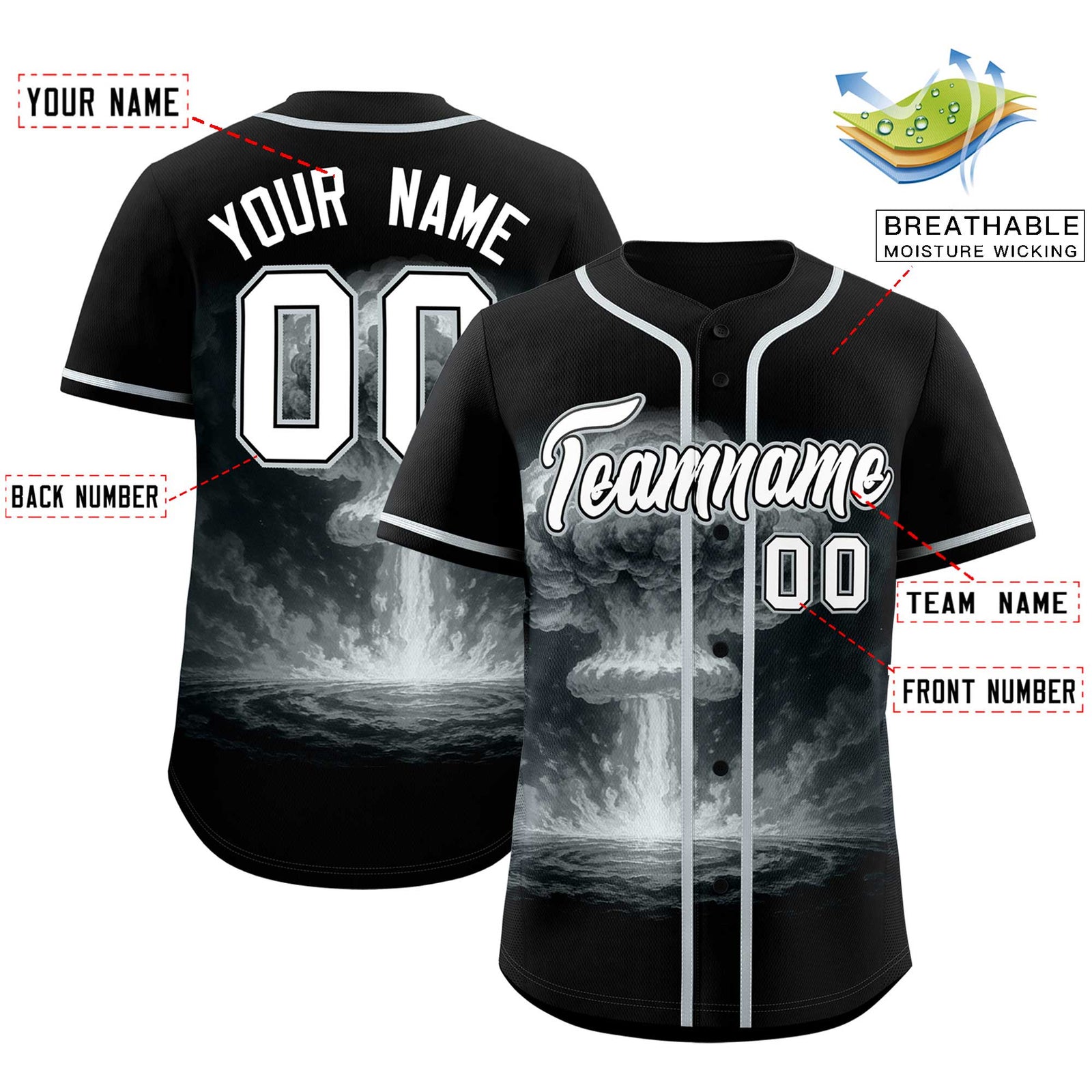 Custom Black Silver Full Button Nuclear Blast Graffiti Pattern Authentic Baseball Jersey